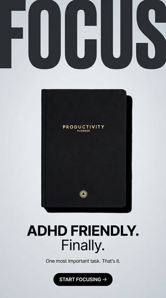 This ad showcases a black 'Productivity Planner' targeted towards individuals with ADHD, highlighting its focus-