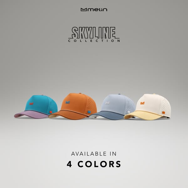This ad features a row of four Melin brand hats in different colors. The hats are the focus of the image, highlighted ag