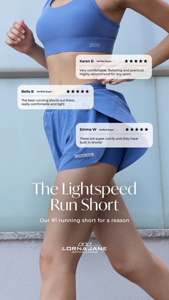 This ad showcases Lorna Jane's 'Lightspeed Run Short' through customer reviews. An active woman is shown fro