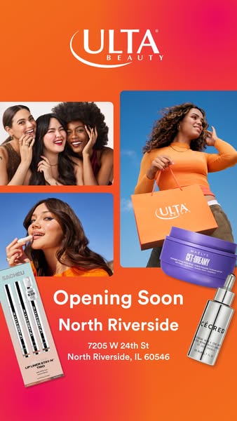This Meta image ad announces the opening of a new Ulta Beauty store. The ad uses a collage-style layout with lifestyle i