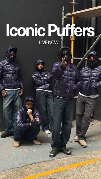 This ad features a group of people wearing puffer jackets. The ad promotes the brand's iconic puffer jackets and ind