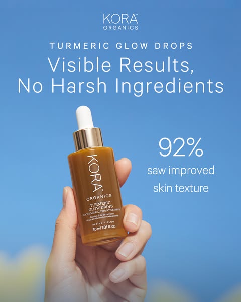 This ad for Kora Organics Turmeric Glow Drops highlights the product's visible results and lack of harsh ingredients