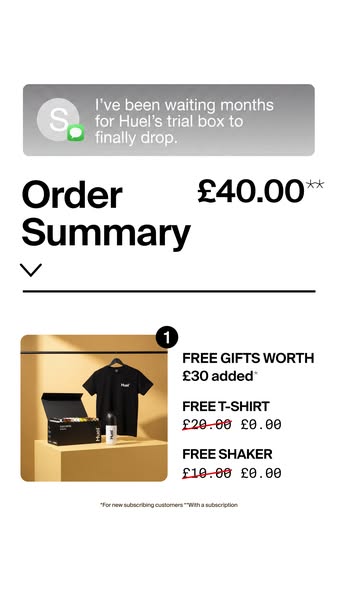 Ad showing an iPhone message stating, "I've been waiting months for Huel's trial box to finally drop".