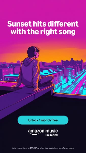 The image ad is for Amazon Music Unlimited. It shows a person overlooking a sunset on a rooftop with the headline, &quot