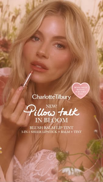 This ad for Charlotte Tilbury's Pillow Talk In Bloom blush balm lip tint features an image of the product applied on