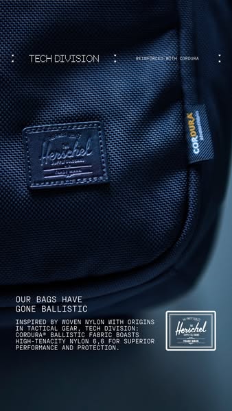 Image ad for Herschel bags using ballistic fabric. The ad calls out the durability and high performance of the product.
