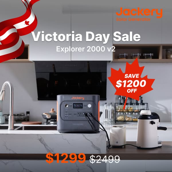 This ad is promoting a Jackery portable power station. The ad is for Victoria Day in Canada and offers $1200 off.