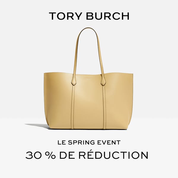 This ad promotes Tory Burch and their spring event with a 30% discount on products. The ad features a beige leather tote
