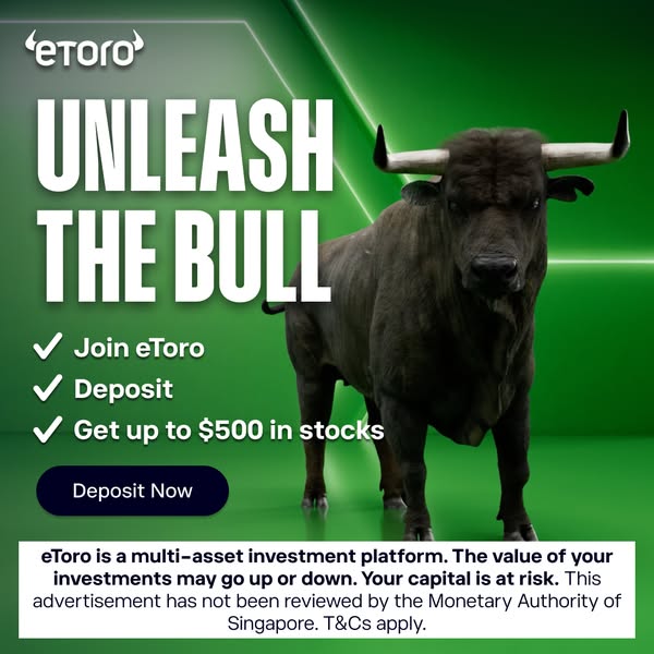 This eToro image ad shows a bull along with the text, 'Unleash the bull'. The ad also entices the user to join e