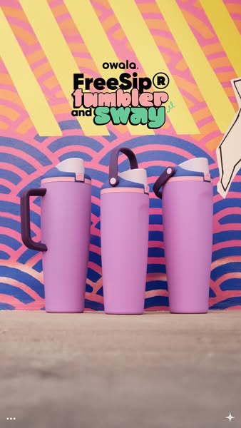 This image ad showcases Owala's FreeSip® Tumbler and Sway™ water bottles. The ad features three water bottles of the
