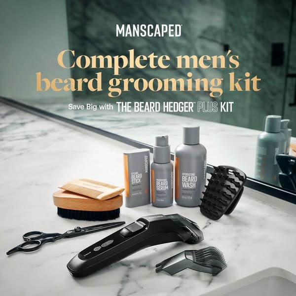 This image showcases MANSCAPED's beard grooming kit, highlighting the completeness of the kit and offering savings.