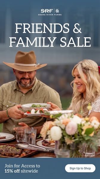 An advertisement for Snake River Farms' friends and family sale shows a man and woman eating high-quality meat produ