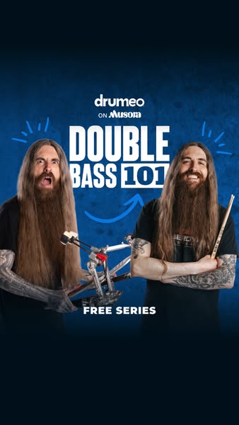 An advertisement for Drumeo, showcasing their double bass 101 free series. Two men with long hair and beards stand side 