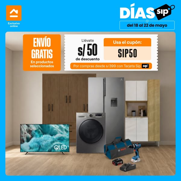 This ad showcases a variety of household appliances and tools, promoting a sales event with a discount offer when using 
