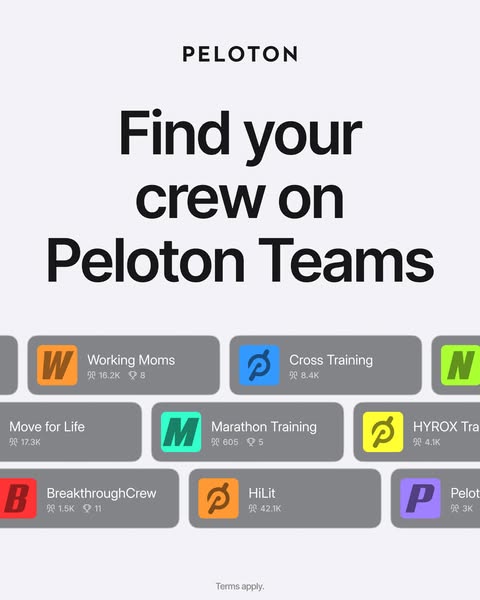 This ad promotes Peloton Teams by showcasing different groups, such as 'Working Moms,' 'Cross Training,'