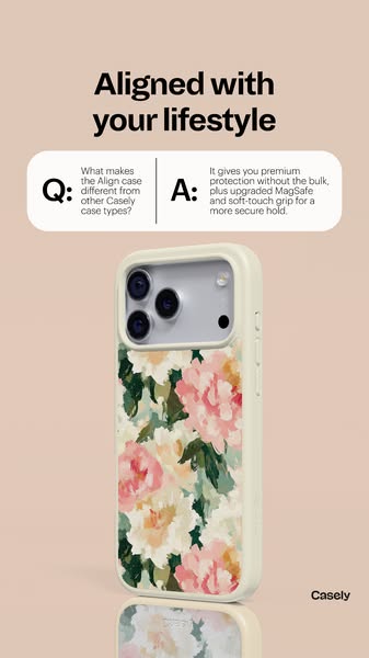 This ad showcases a phone case from Casely, emphasizing its blend of premium protection, MagSafe compatibility, and comf