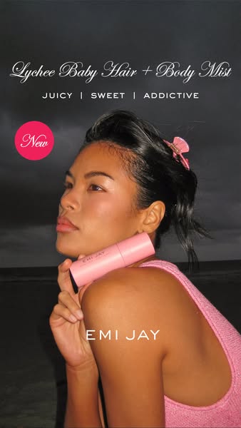 This ad features a woman holding a can of Lychee Baby Hair + Body Mist in front of a black backdrop. The ad attempts to 