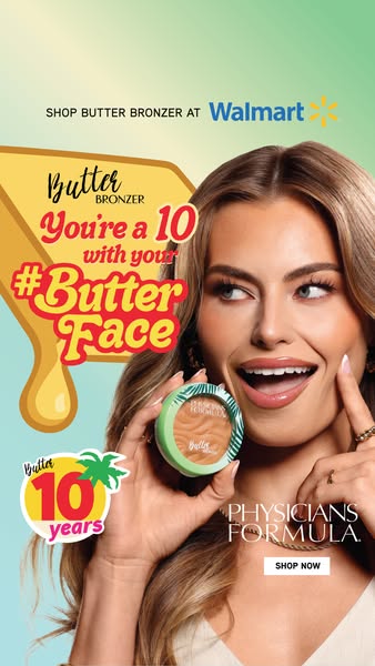 This image ad for Physicians Formula Butter Bronzer shows an influencer smiling and holding the product while pointing a