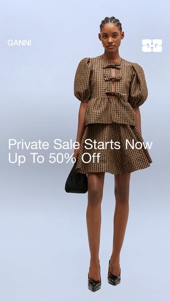 This image ad promotes Ganni's private sale with up to 50% off. The ad features a model wearing a brown and black gi