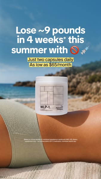 This image ad for The Absorption Company's WLP-1 weight management capsules uses a beach backdrop and a person in a 