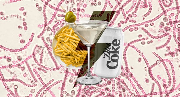 A side-by-side comparison showing that a Diet Coke is a replacement for a martini and fries.