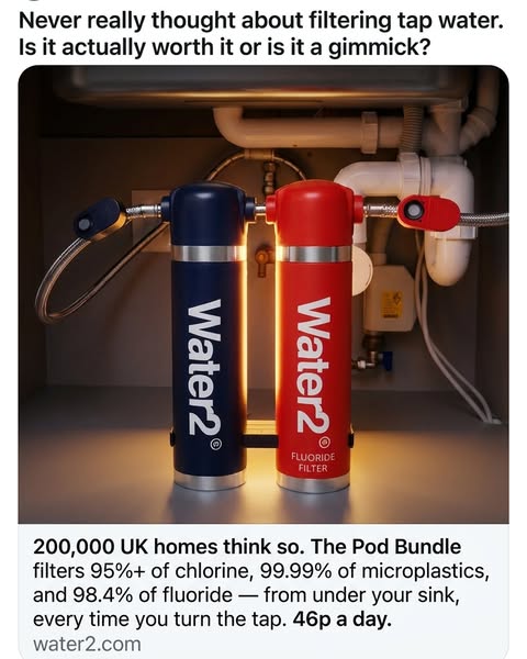 This ad presents the Water2 Pod Bundle as a solution to the potential problems caused by tap water. It raises the questi