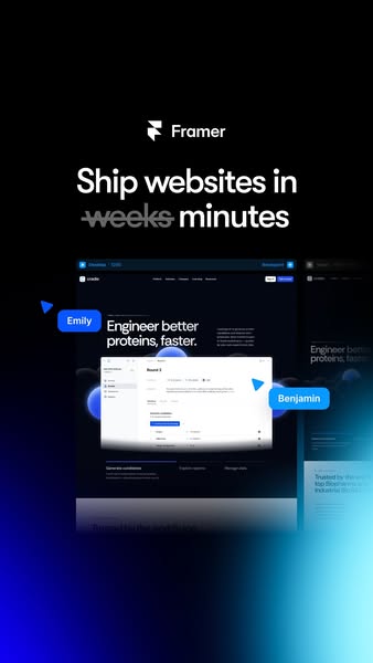 This ad for Framer shows a UI and highlights the software's speed and ease of use. The main promise is that Framer a