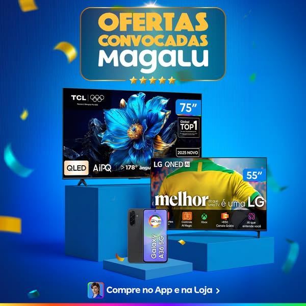 This ad promotes products from Magalu, including TVs and a smartphone. The ad uses bright colors and visual elements to 