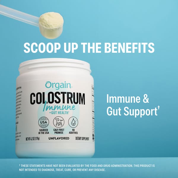 This ad for Orgain's Colostrum Immune powder focuses on promoting its immune and gut health benefits. It features th