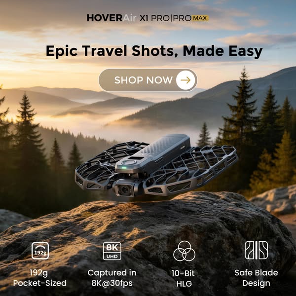 The ad showcases the HOVERAir XI PRO PRO MAX drone, highlighting its features such as being pocket-sized, capturing 8K v