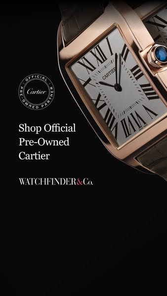This ad showcases an official, pre-owned Cartier watch offered by Watchfinder & Co. The ad design employs a clean, m