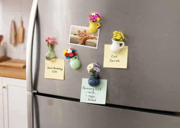 This ad features a refrigerator door with a photo, various vases with flowers, and sticky notes attached to it with magn