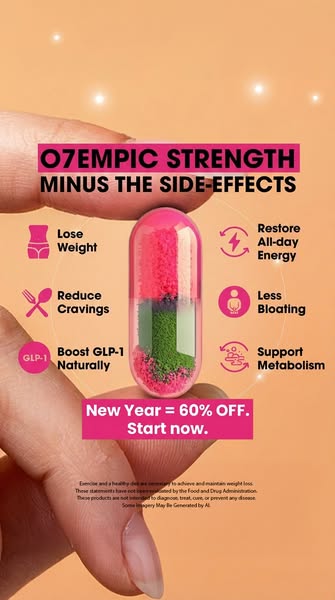 This image ad for 07EMPIC positions the product as a way to achieve the strength of Ozempic without the side effects. It