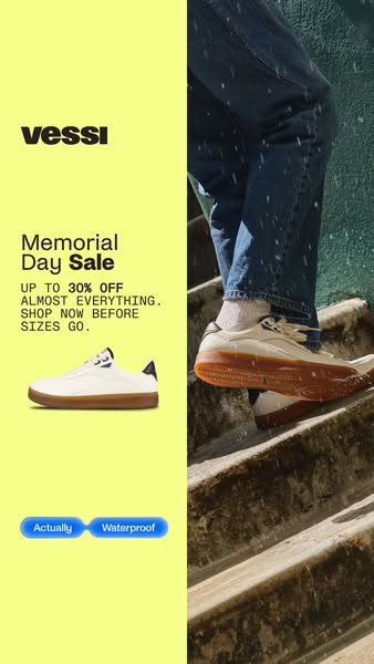 This image ad for Vessi promotes a Memorial Day sale with up to 30% off almost everything. The ad features the brand'