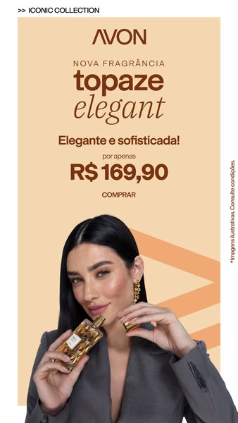 Image ad for Avon Topaze Elegant fragrance, featuring a woman in a gray blazer holding the perfume bottle and cap.