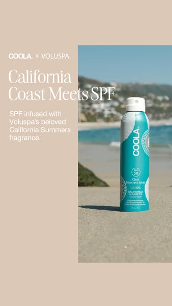 This ad showcases Coola sunscreen infused with Voluspa's California Summers fragrance. The ad uses a split-screen la