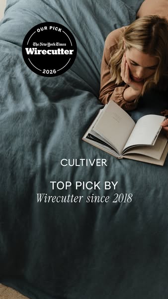 This ad showcases Cultiver's linen bedding, highlighting its recognition from Wirecutter and featuring a woman relax
