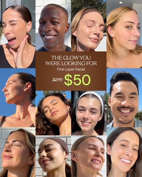 This ad for First Laser Facials uses a grid collage featuring various people. The central graphic highlights a promotion