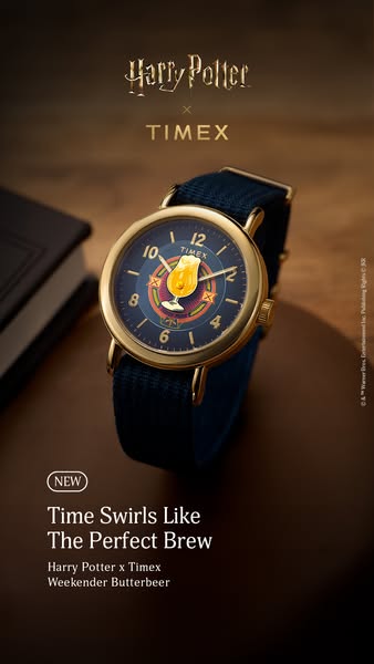 This ad features the new Timex Harry Potter Weekender Butterbeer watch. The watch face has a glass of butterbeer on it.