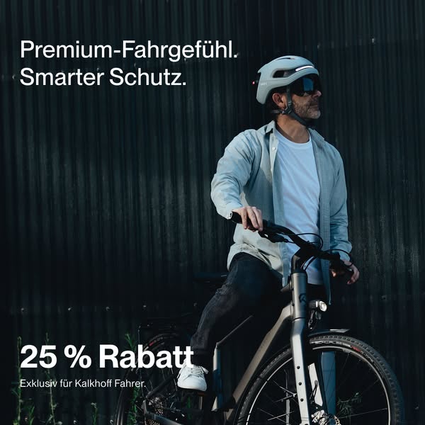 This image ad promotes Kalkhoff bikes and cycling equipment. The ad features a man riding a bike and includes a discount