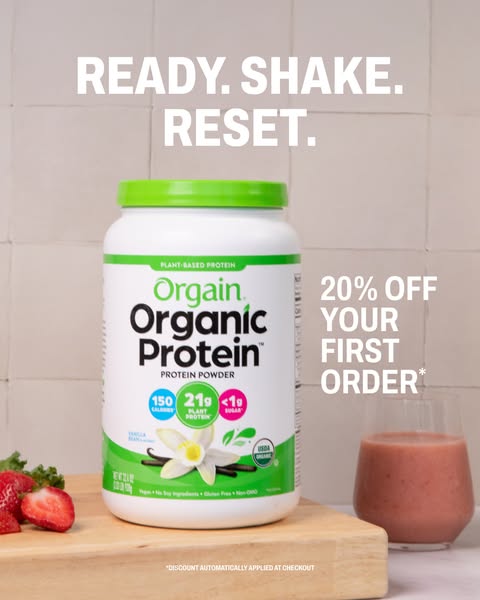 This ad promotes Orgain Organic Protein powder. The ad features a container of Orgain protein powder, a smoothie, and fr