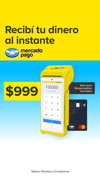 This ad for Mercado Pago promotes instant access to funds and advertises a price of $999. It features a yellow Mercado P