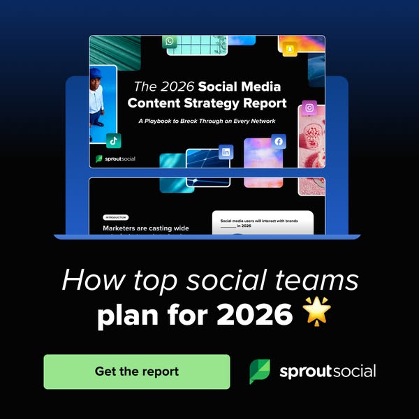 This ad promotes Sprout Social's '2026 Social Media Content Strategy Report' and encourages viewers to downl