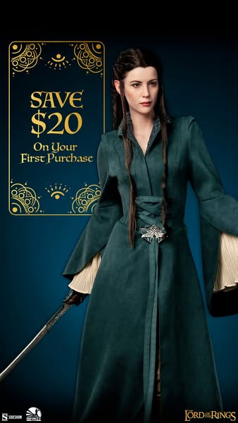 This ad for Sideshow Collectibles promotes a $20 discount on the first purchase of Lord of the Rings merchandise. A woma
