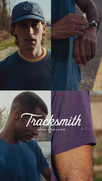This ad for Tracksmith features a split screen style. It showcases male athletes wearing the apparel while running outdo