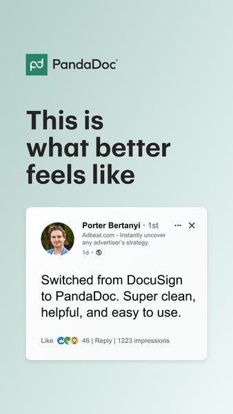 An ad for PandaDoc features a customer testimonial in the style of a social media post. The testimonial highlights the p