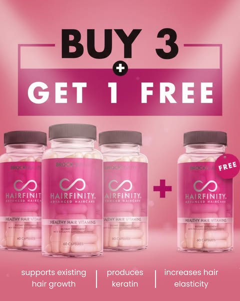 The ad features four Hairfinity vitamin bottles and a 'Buy 3 Get 1 Free' offer to promote hair growth, keratin p
