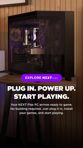 This ad showcases the NZXT Flex PC, emphasizing its ready-to-game state, eliminating the need for building and setup. It