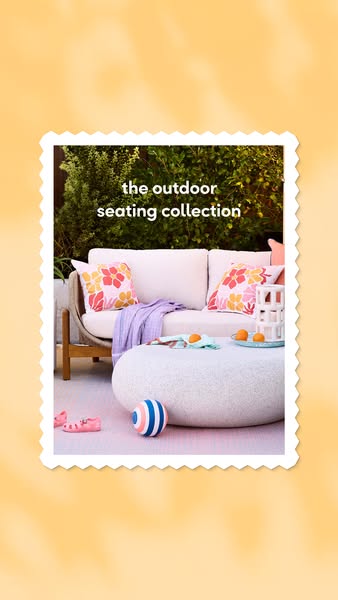 An image ad that promotes an outdoor seating collection with a photo of a patio set against a peach-colored, textured ba