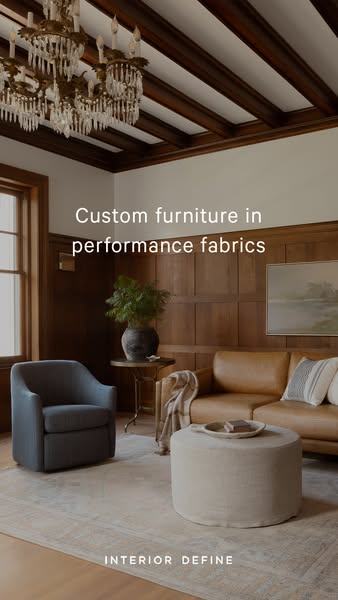 This ad showcases custom furniture made with performance fabrics by Interior Define. The ad features a stylish living ro